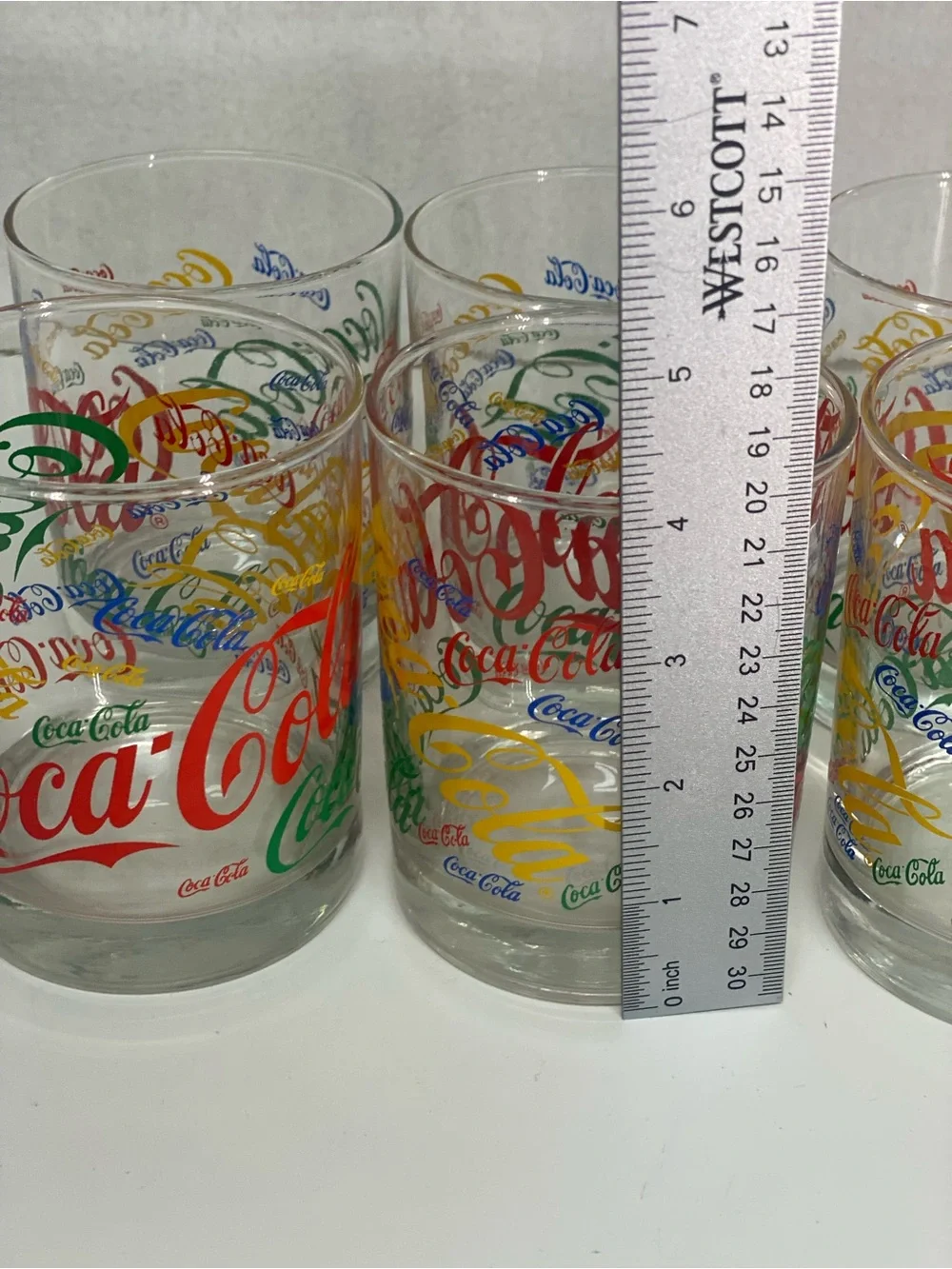 Coca Cola Set of 6 Multicolor Logo Glass 12 ounce Retro Repeated Logo Colorful